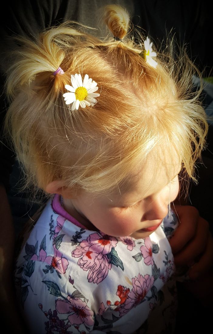 A young girl with a daisy tucked into her hair, caught in soft afternoon light