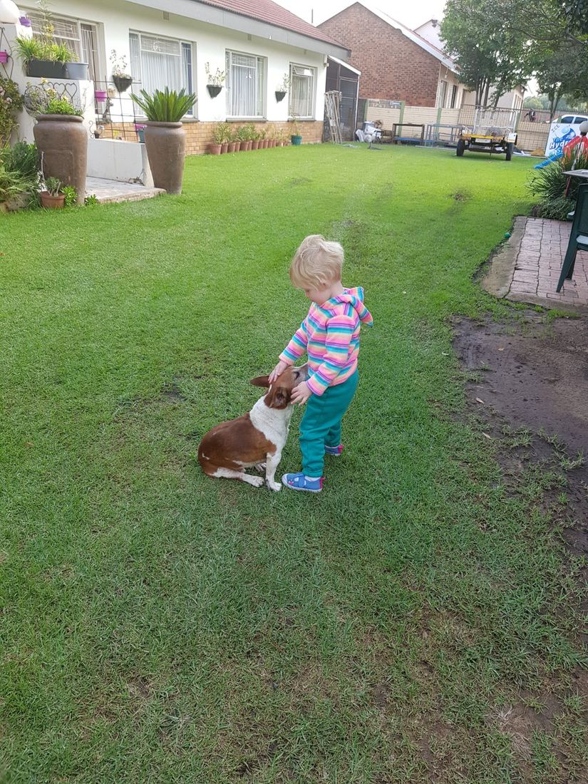 A small child standing on a lawn with a puppy at their feet
