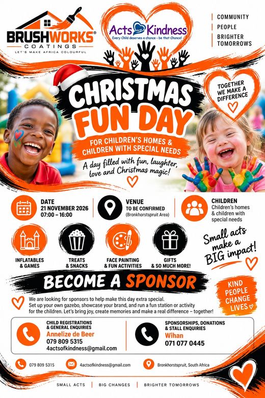 Christmas Fun Day poster: Saturday 21 November 2026, 07:00 to 16:00, for children&rsquo;s homes and children with special needs, hosted by Acts of Kindness and Brushworks Coatings